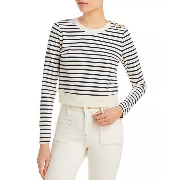 Veronica Beard Samson Striped Top With Shoulder Pads And Gold Buttons Size S